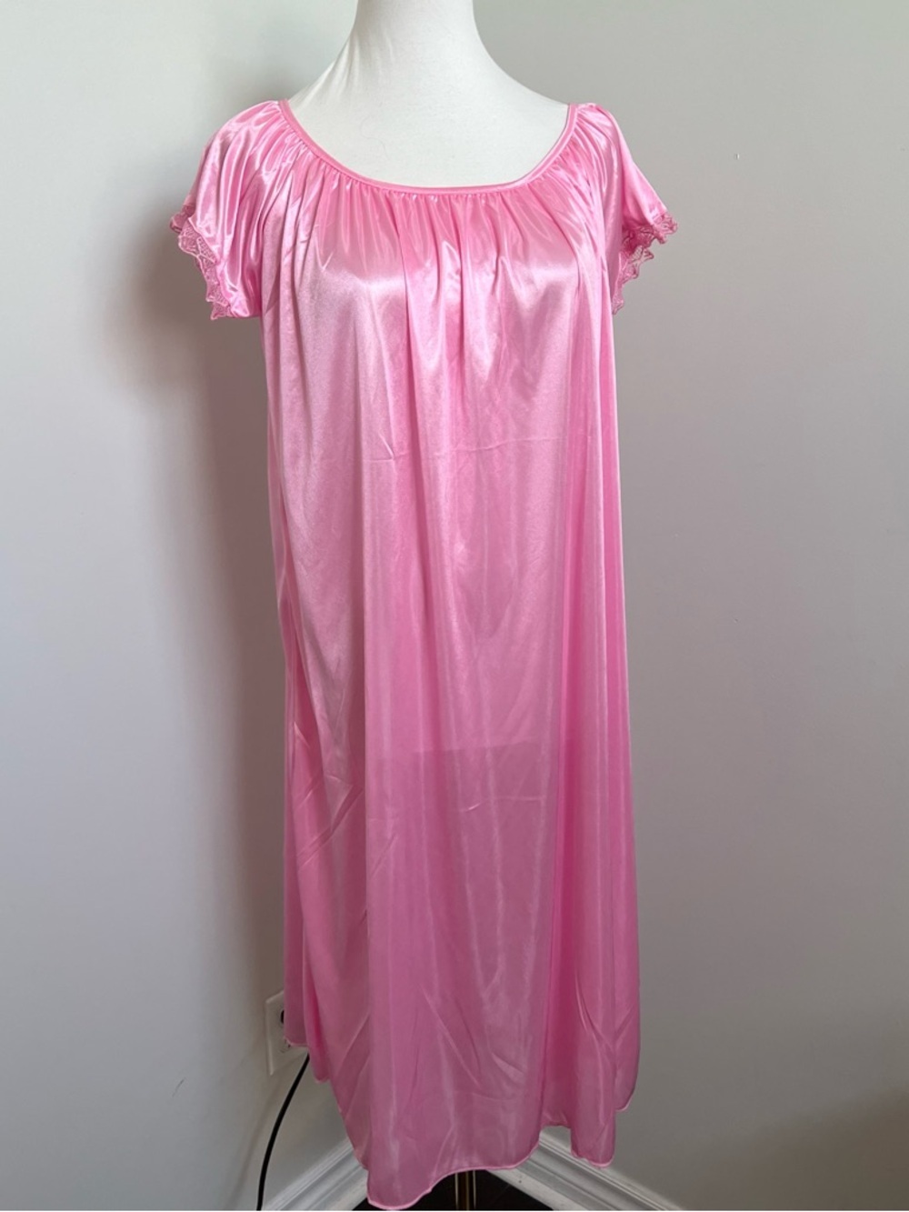 Vintage Pink Satin Nightgown Slip Dress Lace Trim Y2K Coquette L - Picture 2 of 6